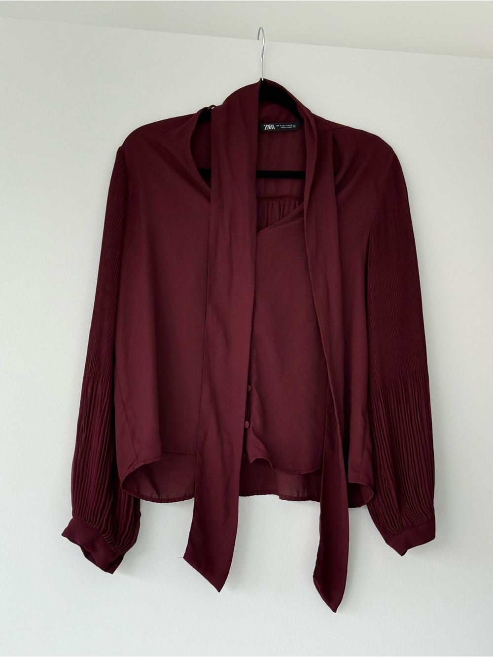 Zara Wine Tie-Neck Pleated Sleeve Blouse
